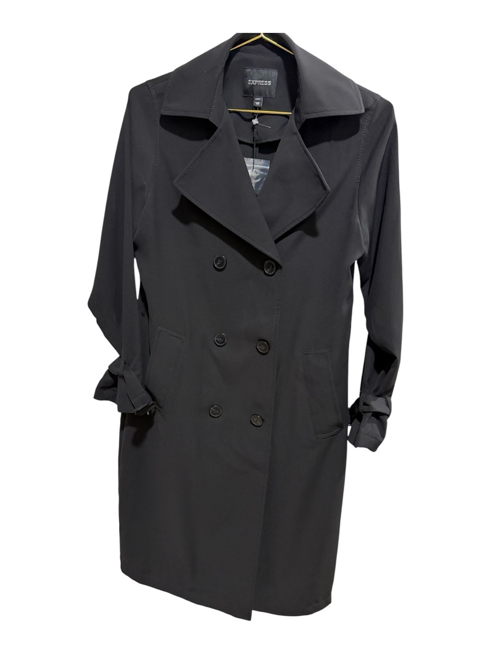 Express Black Double-Breasted Trench with Tie Cuffs (Belt Missing)